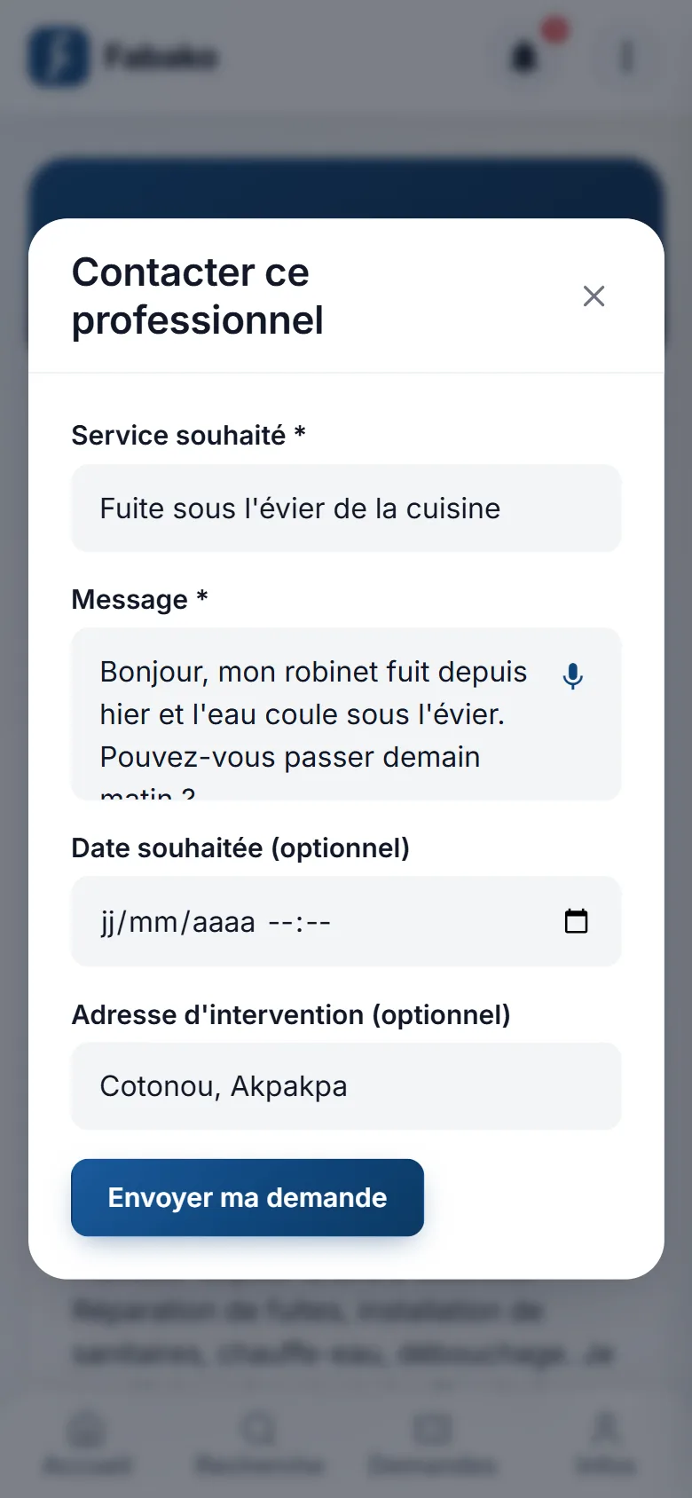 Formulaire de demande de contact adressé à un professionnel