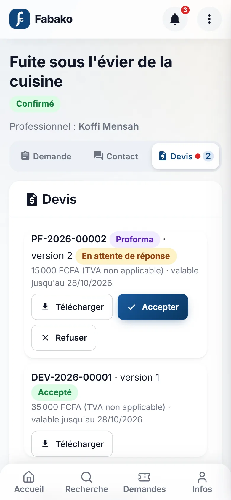 Liste des devis d'une demande avec leur état et leur montant