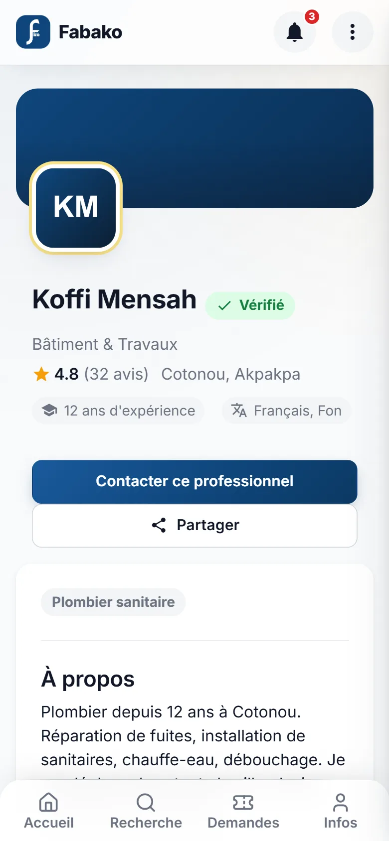 Fiche d'un professionnel avec sa photo, son badge vérifié, sa note et ses avis