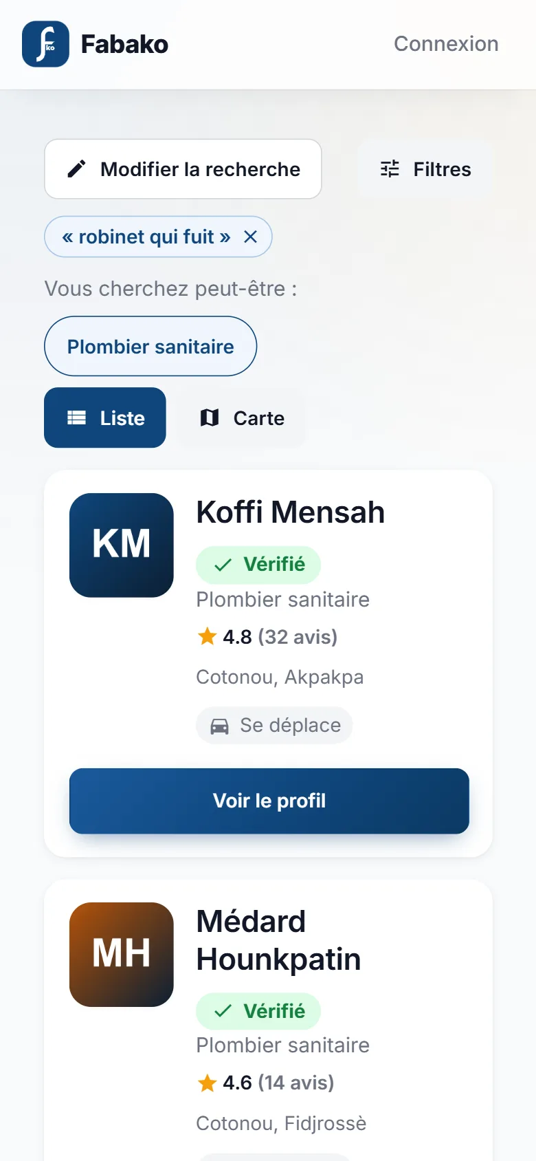 Résultats de recherche avec la liste des professionnels, leur métier, leur ville et leur note